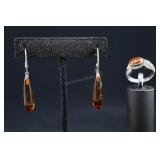 Sterling Silver & Amber Earrings And Ring, 925 App