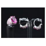 Sterling Silver & Rhodolite Garnet Ring And Earrin