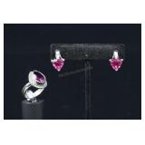 Sterling Silver & Rhodolite Garnet Ring And Earrin