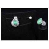 Sterling Silver & Jade Daisy Flower Pendant And Ri