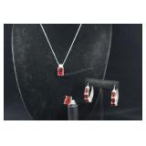 Sterling Silver & Red Topaz Earrings, Ring And Pen