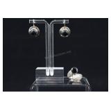 Sterling Silver & Onyx Ring And Earrings, 925 Appr