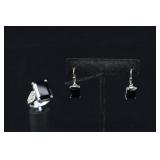 Sterling Silver & Onyx Ring And Earrings, 925 Appr