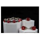 Sterling Silver & Red Topaz Earrings, Ring And Bra