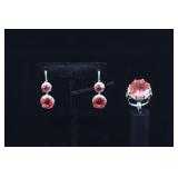 Sterling Silver & Red Topaz Earrings And Ring, 925