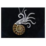 Ammonite & Stainless Steel Squid Pendant With Cha
