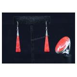 Sterling Silver & Red Coral Long Ring And Earrings