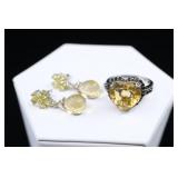 925 Citrine & Sunstone Ring And Earrings, Sz. 9.75