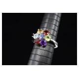 Stainless Steel Multi-gemstone Ring, Sz. 8