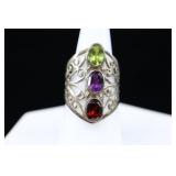 Sterling Silver & Multi-gemstone Long Ring, Sz.8