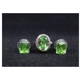 Sterling Silver & Green Quartz Ring And Stud Earri