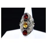 Sterling Silver & Garnet Long Ring, Citrine,sz.7.5
