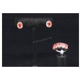 Sterling Silver & Red Topaz Ring And Earrings, 925