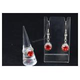 Sterling Silver & Red Topaz Ring And Earrings, 925