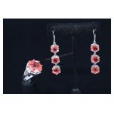 Sterling Silver & Red Topaz Ring And Earrings, 925