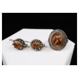 Orange Copper Turquoise & 925, Ring & Earrings,6.5