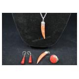 Sterling Silver & Red Coral Earrings, Ring, And Pe