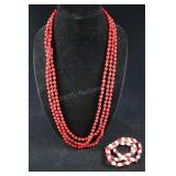 Beaded Red Coral Necklace And Cultured Pearl Brace