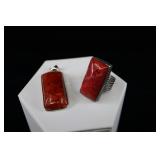 Sterling Silver & Red Coral Long Ring And Pendant,