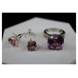 Sterling Silver & Amethyst Ring And Earrings, 925,