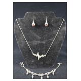 Sterling Silver Necklace, Bracelet And Red Topaz E