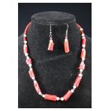 Red Sea Bamboo And Cultured Pearl Necklace And Ear