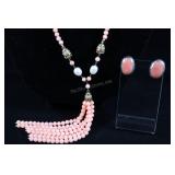 Sterling Silver & Pink Stone Earrings And Beaded N