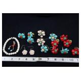 Agate, Turquoise, And Coral Flower Rings, Earrings