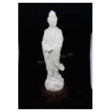 Porcelain Guan Yin Statue With Carved Rosewood Bas