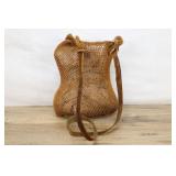 Vintage Woven Fiber Forager Bag With Leather Strap