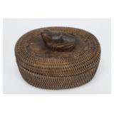 Woven Basket With Carved Wood Frog Lid