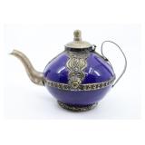 Small Blue Enamel And Metal Teapot.