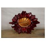 Red & Gold  Art Glass Leaf Dish