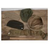 Ww2 Military Belt Pack And 4 Hats, Khaki And Green