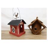 2 Bird Houses; Red With Rooster, And All Wood.