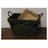 Tall Woven Green Basket And Shallow Wicker Basket