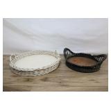 Pair Of Round Wicker & Wood Serving Trays With Han