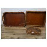 Set Of Three Wicker & Wood Serving Trays
