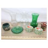 Assorted Vases And Votives- Clear And Green Glass