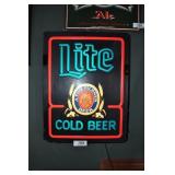 light cold beer, lighted sign, corner damage.