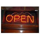 Open Neon Sign Framed In Wood. 30"x14"