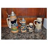 4 German Beer Steins. Damaged Or Missing Handle