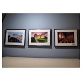3 framed photos, bridge, castle, library.