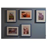 5 framed photos ireland, castles, boat, horse cart
