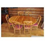 Wood Dining Room Table + 6 Chairs. Has Leaf Insert