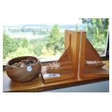 2 Wooden Objects, A Bowl And Sailboat Book Ends.