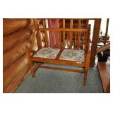 Wooden Bench With Fabric Seat Cushions.