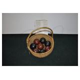 8 Lawn Bowling Balls In Basket With Carpet Course