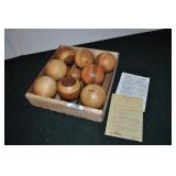 9 Wooden Lawn Bowling Balls. Wooden Crate