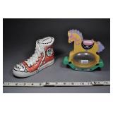 Pair Of Kids Banks, Ceramic Shoe, Vtg Rocking Hors